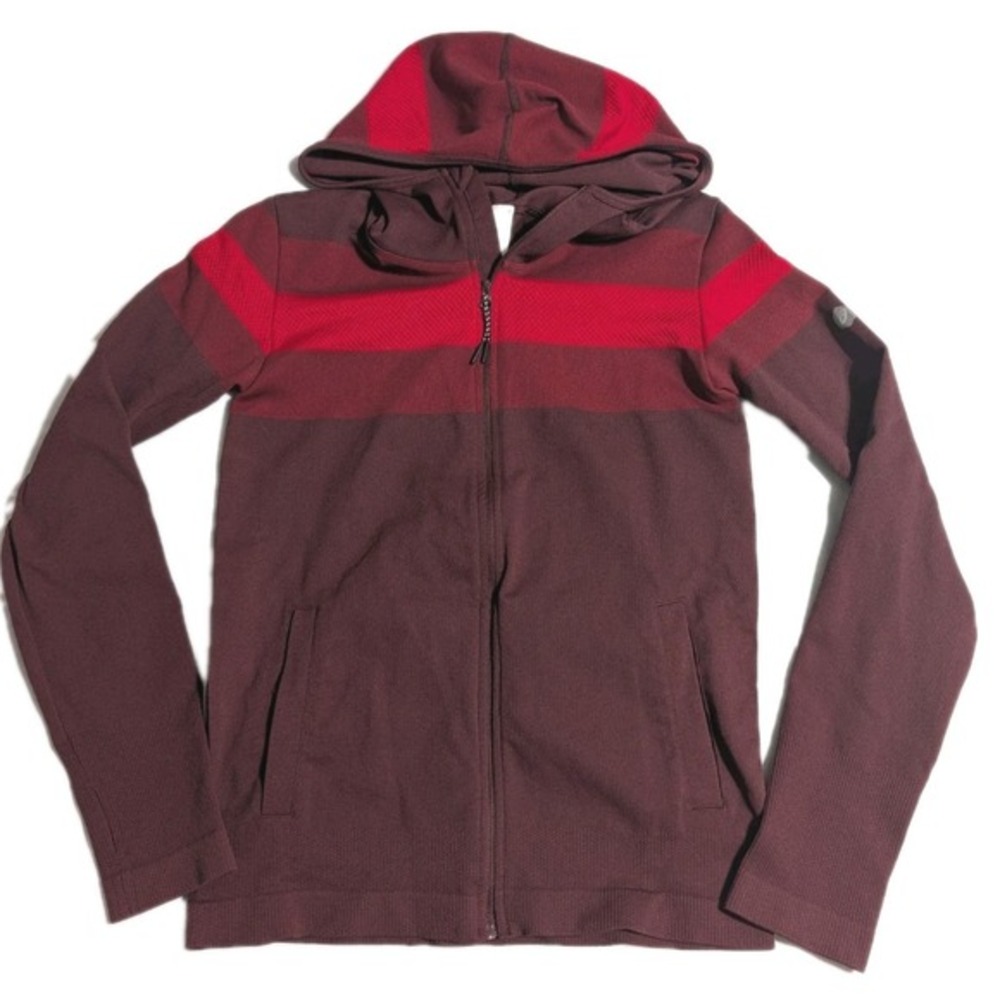 ASICS Women's Full Zip Hoodie Small Red Burgundy Striped Knit Jacket